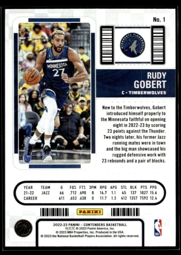 _10 2022 Panini Contenders Minnesota Timberwolves #1 Rudy Gobert