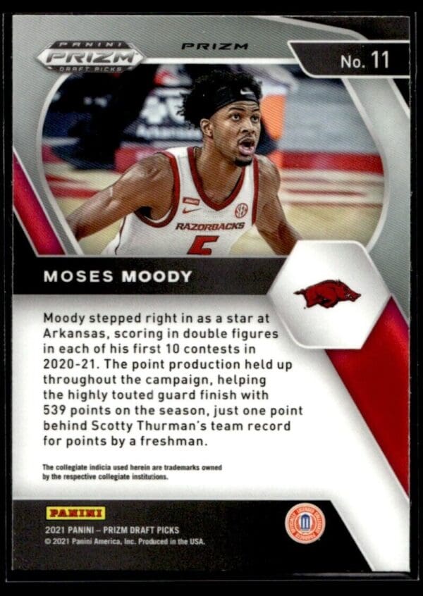_10 2021 Panini Prizm Draft Picks Arkansas Razorbacks #11 Moses Moody RC Rookie Oran