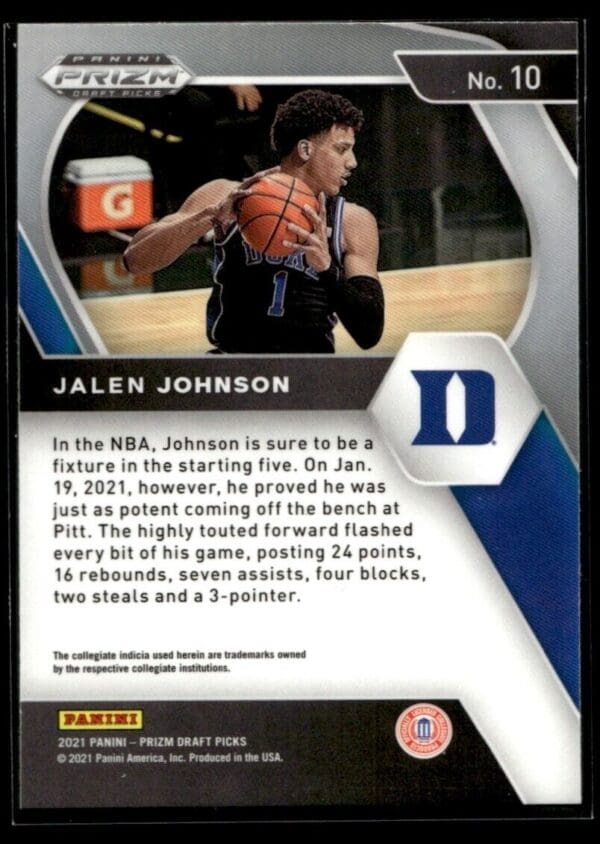 2021 Panini Prizm Draft Picks Duke Blue Devils #10 Jalen Johnson RC Rookie