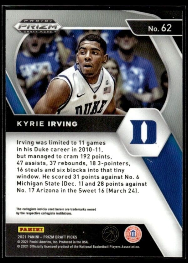 2021 Panini Prizm Draft Picks Duke Blue Devils #62 Kyrie Irving