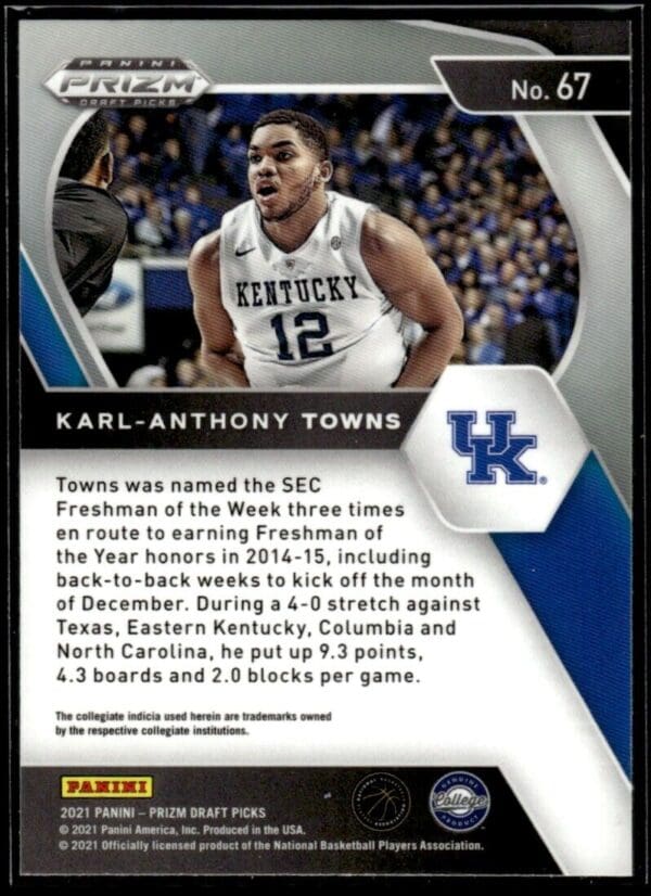 _10 2021 Panini Prizm Draft Picks Kentucky Wildcats #67 Karl-Anthony Towns
