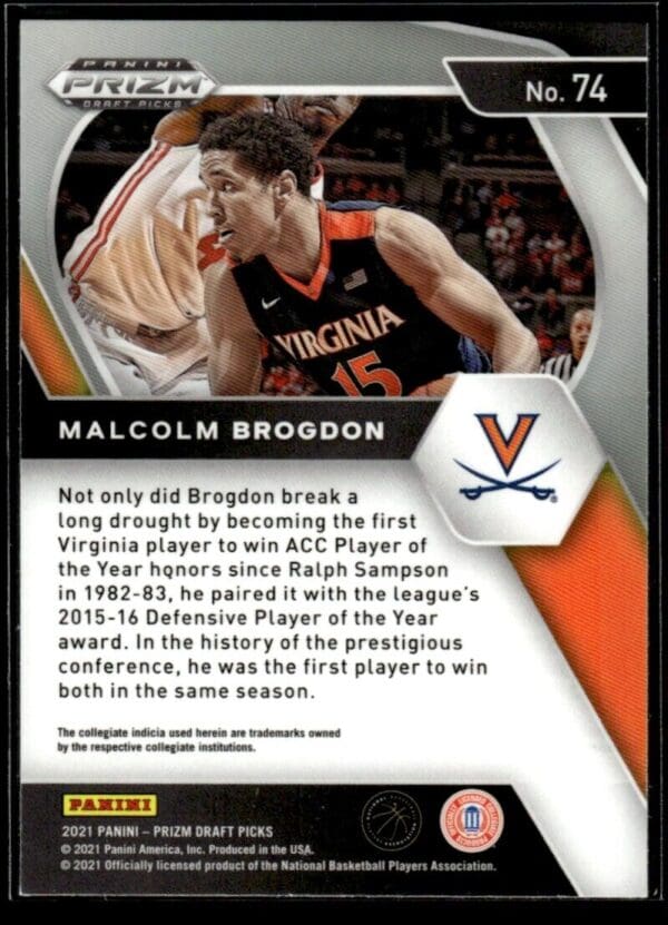2021 Panini Prizm Draft Picks Virginia Cavaliers #74 Malcolm Brogdon