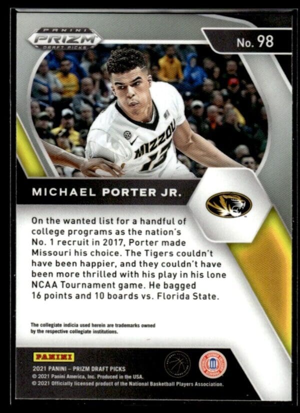 _10 2021 Panini Prizm Draft Picks Missouri Tigers #98 Michael Porter Jr.