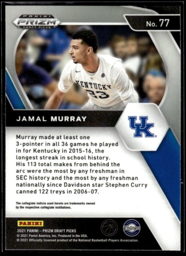 2021 Panini Prizm Draft Picks Kentucky Wildcats #77 Jamal Murray