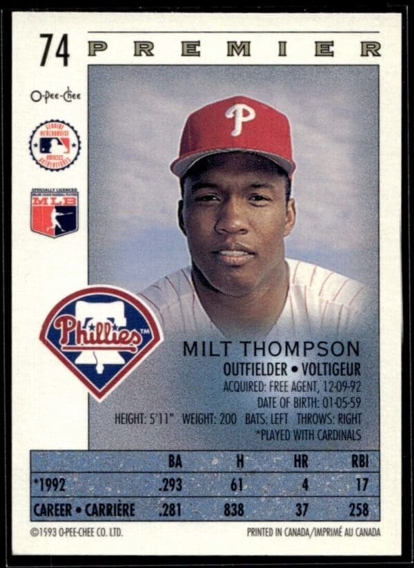 1993 O-Pee-Chee Premier Philadelphia Phillies #74 Milt Thompson