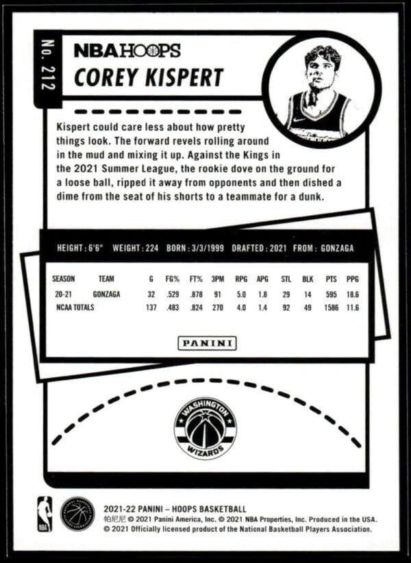 2021 NBA Hoops Washington Wizards #212 Corey Kispert RC Rookie