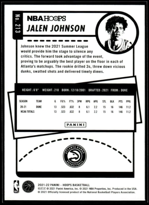 2021 NBA Hoops Atlanta Hawks #213 Jalen Johnson RC Rookie