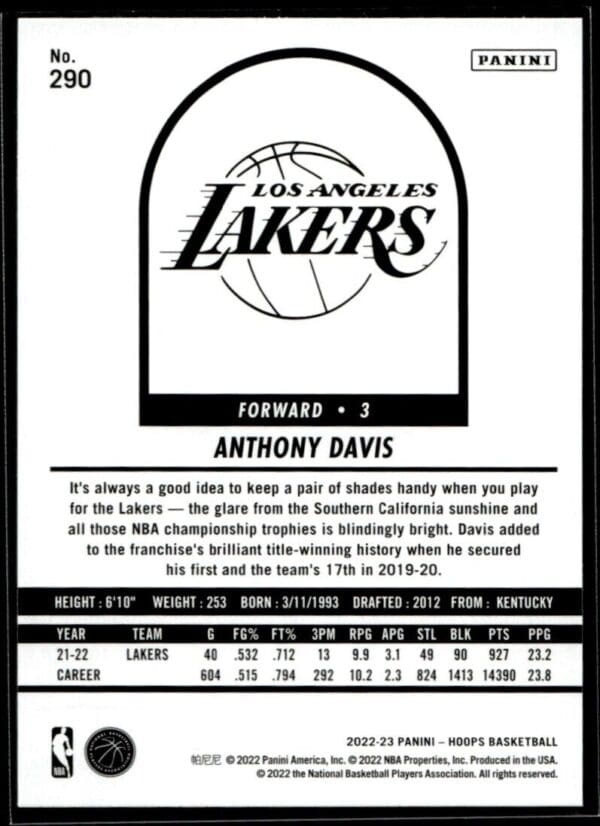 2022 Hoops Tribute Los Angeles Lakers #290 Anthony Davis