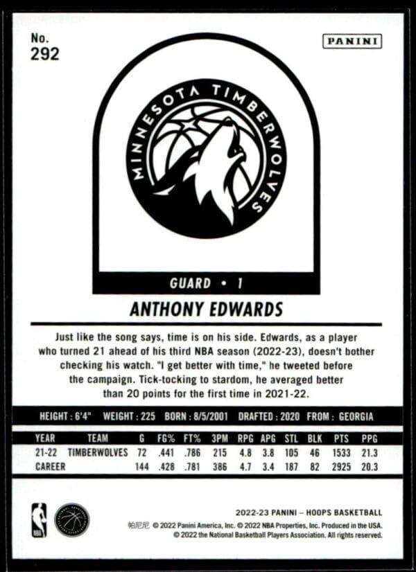 2022 Hoops Tribute Minnesota Timberwolves #292 Anthony Edwards