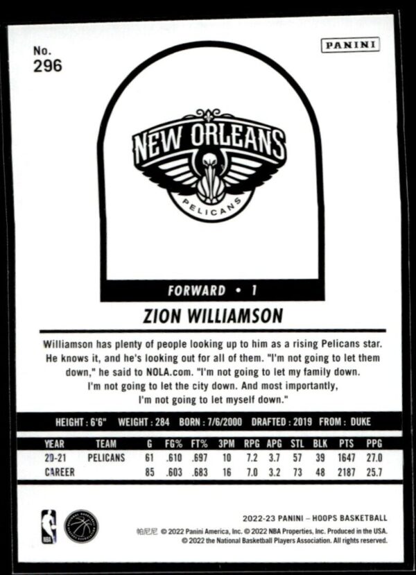 2022 Hoops Tribute New Orleans Pelicans #296 Zion Williamson