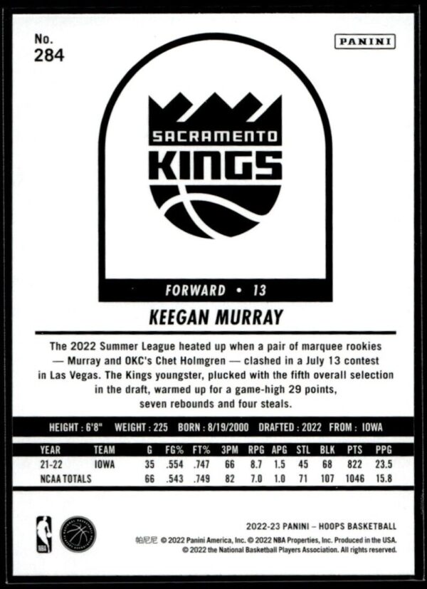 2022 Hoops Tribute Sacramento Kings #284 Keegan Murray RC Rookie