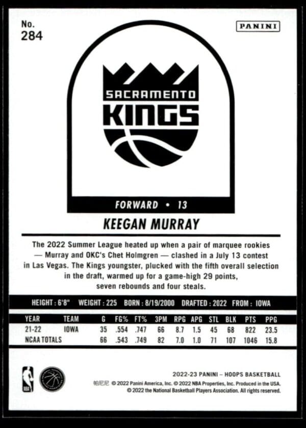 2022 Hoops Tribute Sacramento Kings #284 Keegan Murray RC Rookie