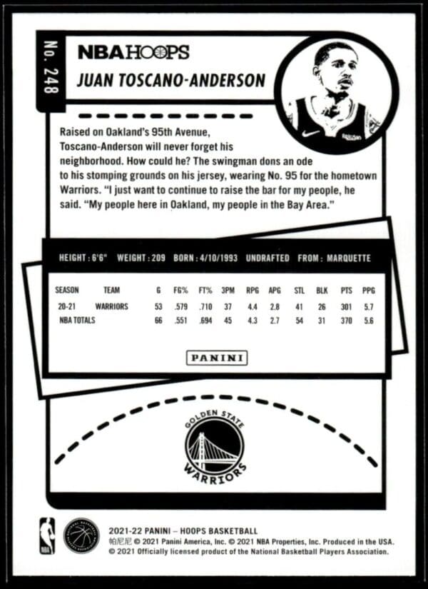 2021 NBA Hoops Golden State Warriors #248 Juan Toscano-Anderson RC Rookie