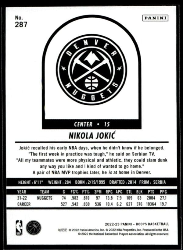 2022 Hoops Tribute Denver Nuggets #287 Nikola Jokic