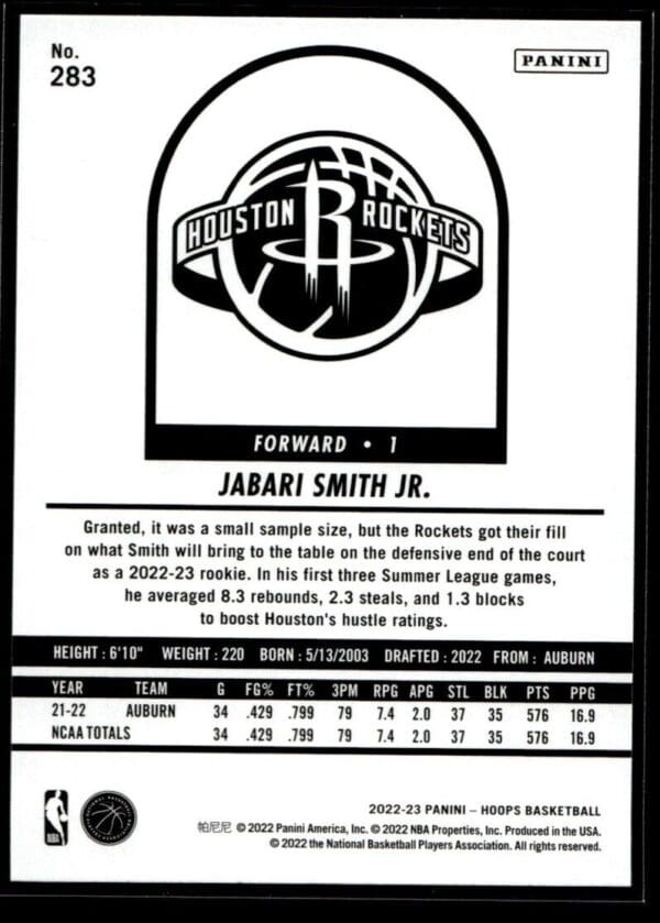 _10 2022 Hoops Tribute Houston Rockets #283 Jabari Smith Jr. RC Rookie