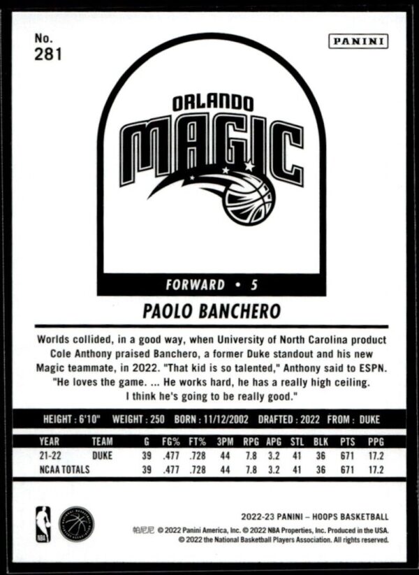 _10 2022 Hoops Tribute Orlando Magic #281 Paolo Banchero RC Rookie