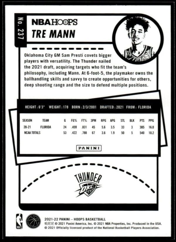 2021 NBA Hoops Oklahoma City Thunder #237 Tre Mann RC Rookie
