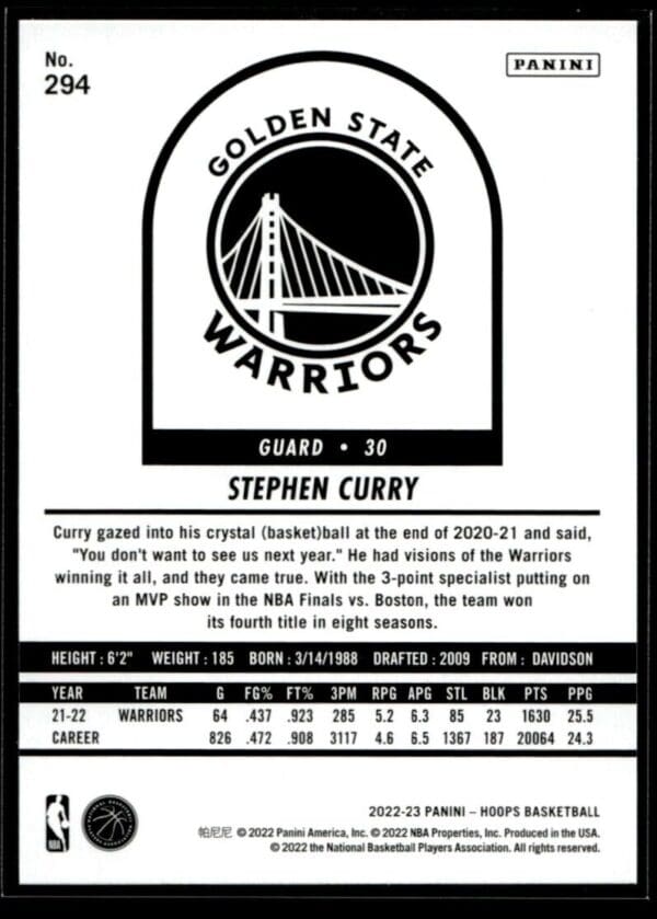 2022 Hoops Tribute Golden State Warriors #294 Stephen Curry