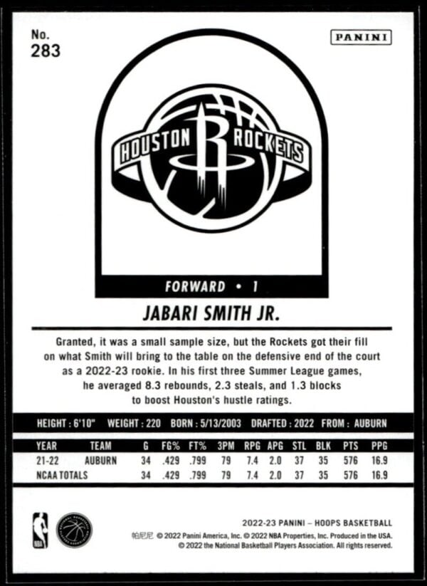_10 2022 Hoops Tribute Houston Rockets #283 Jabari Smith Jr. RC Rookie