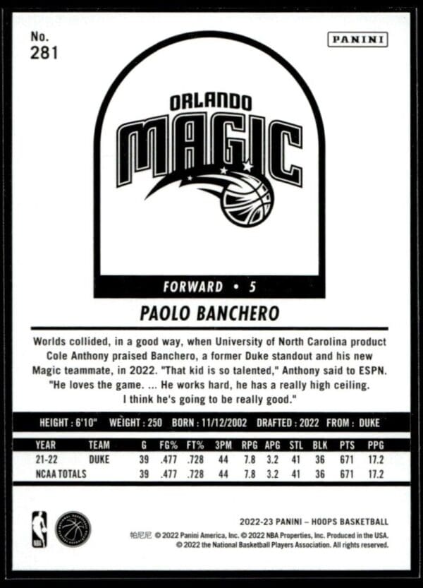 _10 2022 Hoops Tribute Orlando Magic #281 Paolo Banchero RC Rookie