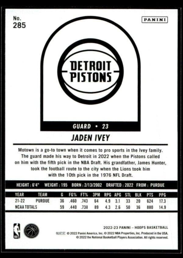 2022 Hoops Tribute Detroit Pistons #285 Jaden Ivey RC Rookie