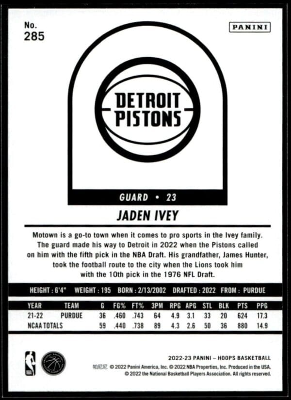 2022 Hoops Tribute Detroit Pistons #285 Jaden Ivey RC Rookie