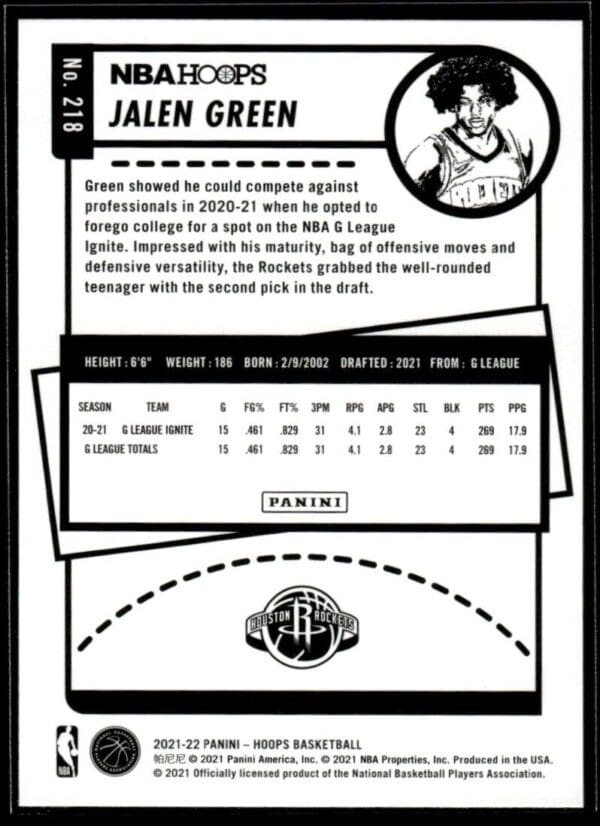 2021 NBA Hoops Houston Rockets #218 Jalen Green RC Rookie