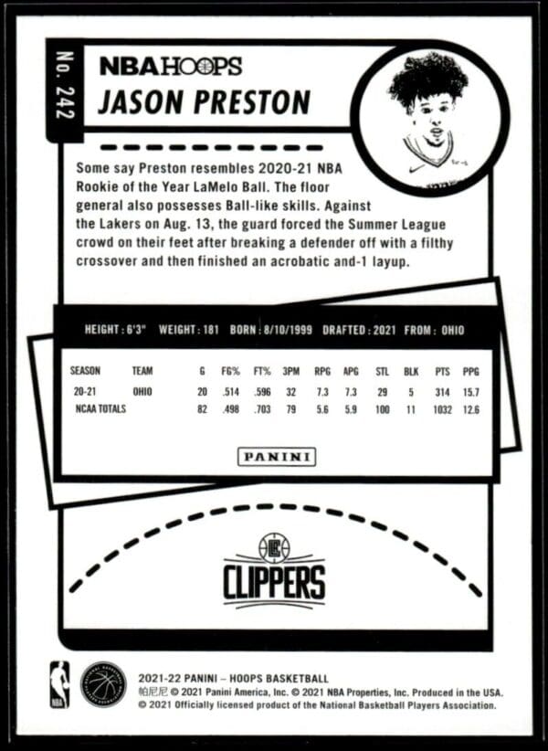 2021 NBA Hoops Los Angeles Clippers #242 Jason Preston RC Rookie