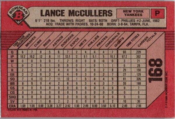 1989 Bowman New York Yankees #168 Lance McCullers