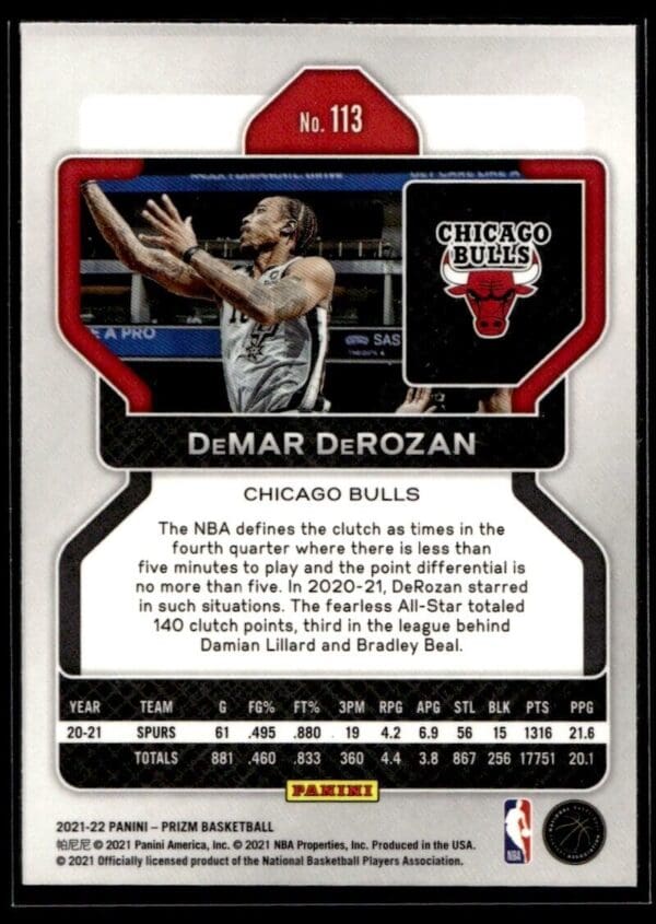 2021 Panini Prizm Chicago Bulls #113 DeMar DeRozan