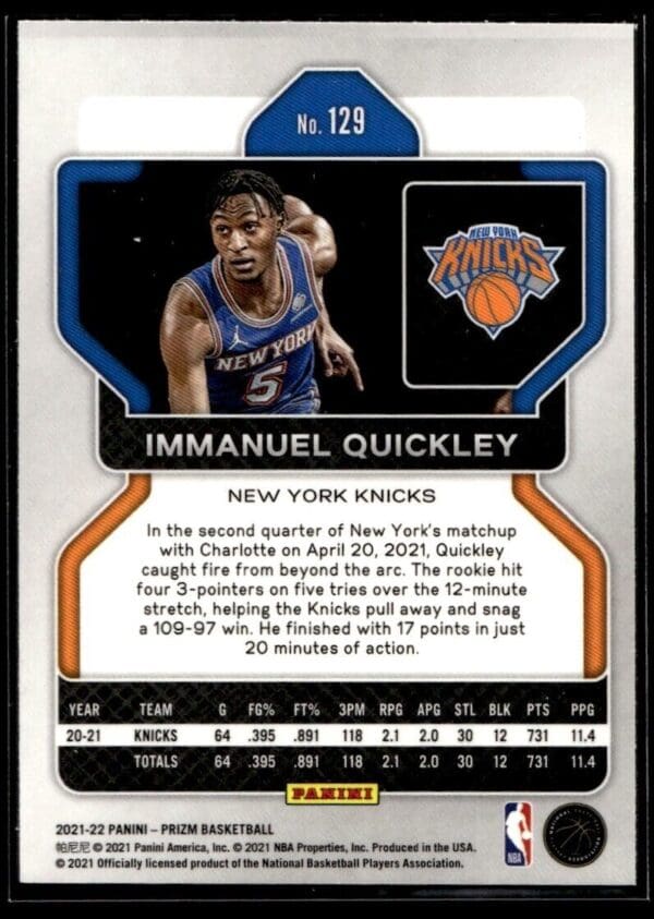 2021 Panini Prizm New York Knicks #129 Immanuel Quickley