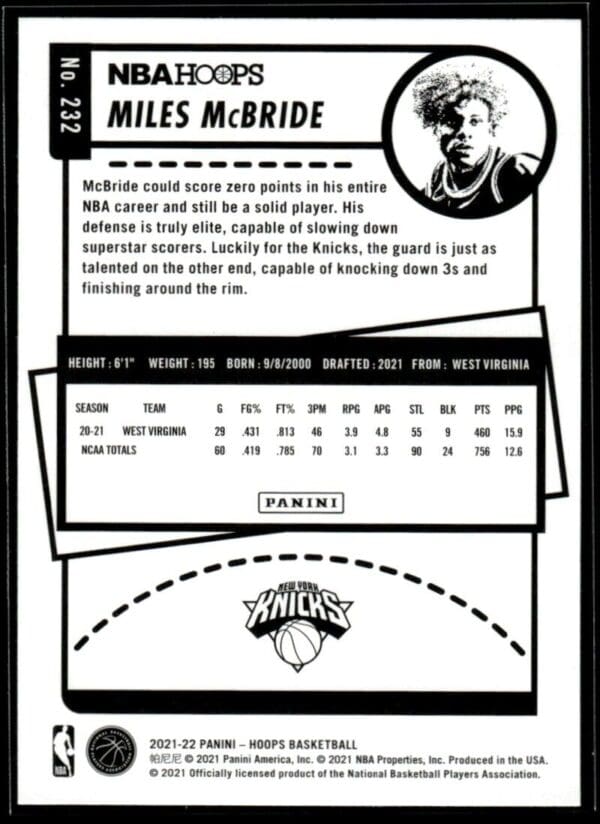 _10 2021 NBA Hoops New York Knicks #232 Miles McBride RC Rookie