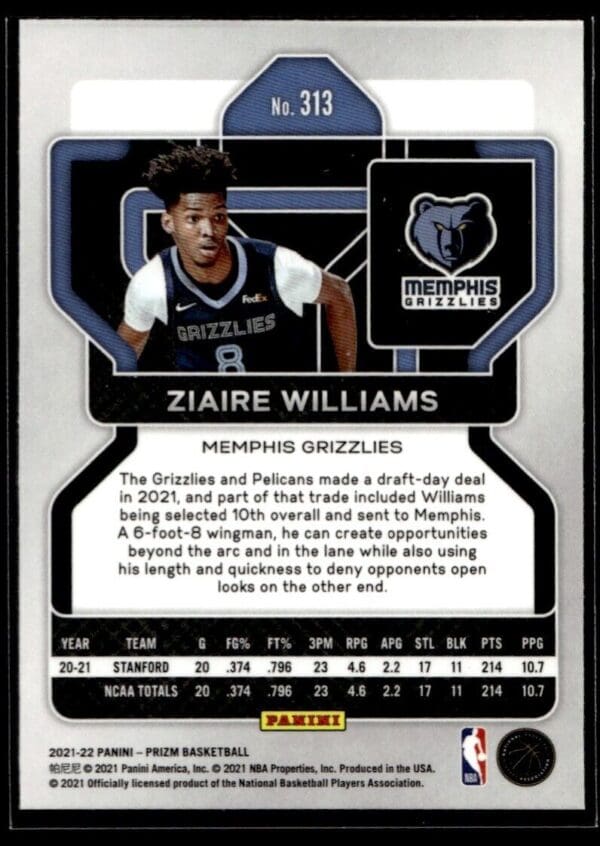 2021 Panini Prizm Memphis Grizzlies #313 Ziaire Williams RC Rookie