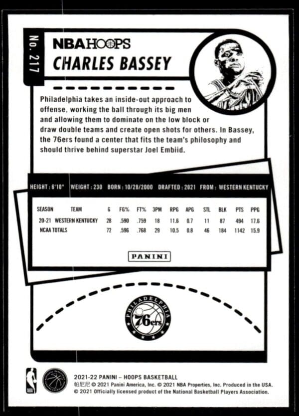 2021 NBA Hoops Philadelphia 76ers #217 Charles Bassey RC Rookie