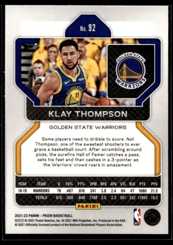 _10 2021 Panini Prizm Golden State Warriors #92 Klay Thompson