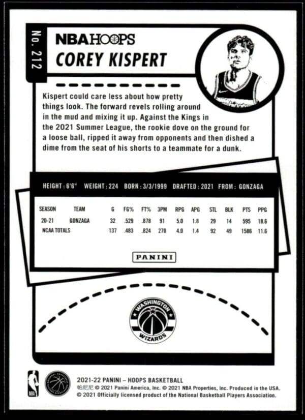 2021 NBA Hoops Washington Wizards #212 Corey Kispert RC Rookie