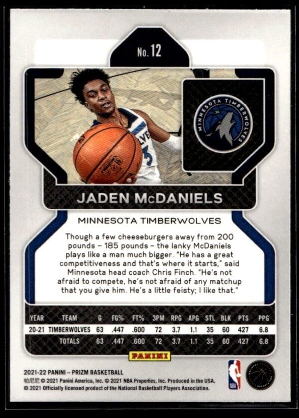 _10 2021 Panini Prizm Minnesota Timberwolves #12 Jaden McDaniels