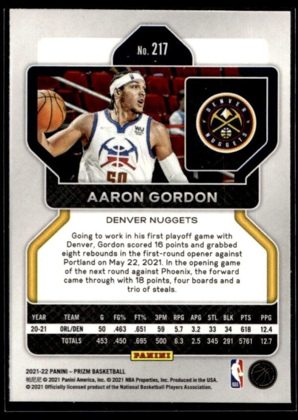 2021 Panini Prizm Denver Nuggets #217 Aaron Gordon
