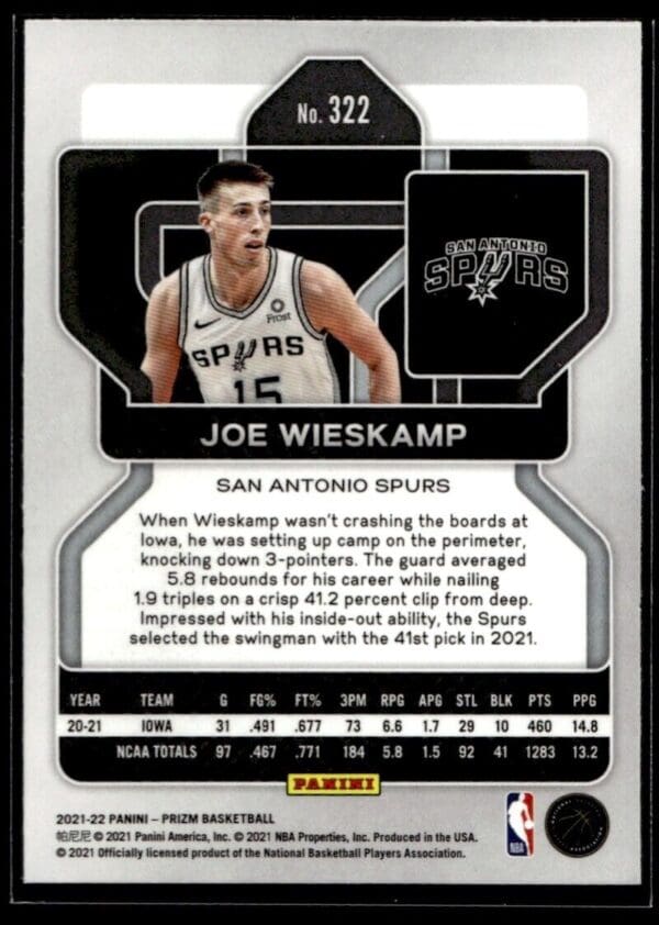 2021 Panini Prizm San Antonio Spurs #322 Joe Wieskamp RC Rookie