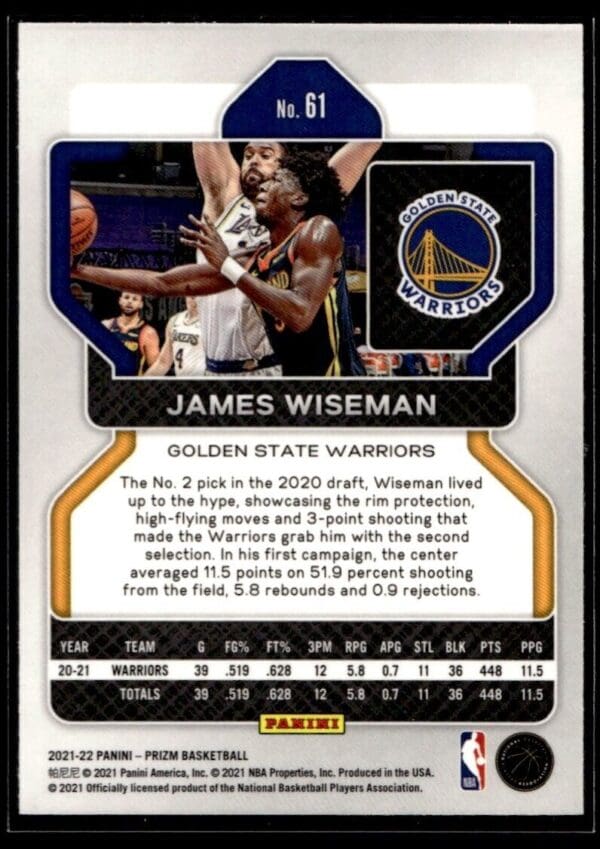 _10 2021 Panini Prizm Golden State Warriors #61 James Wiseman