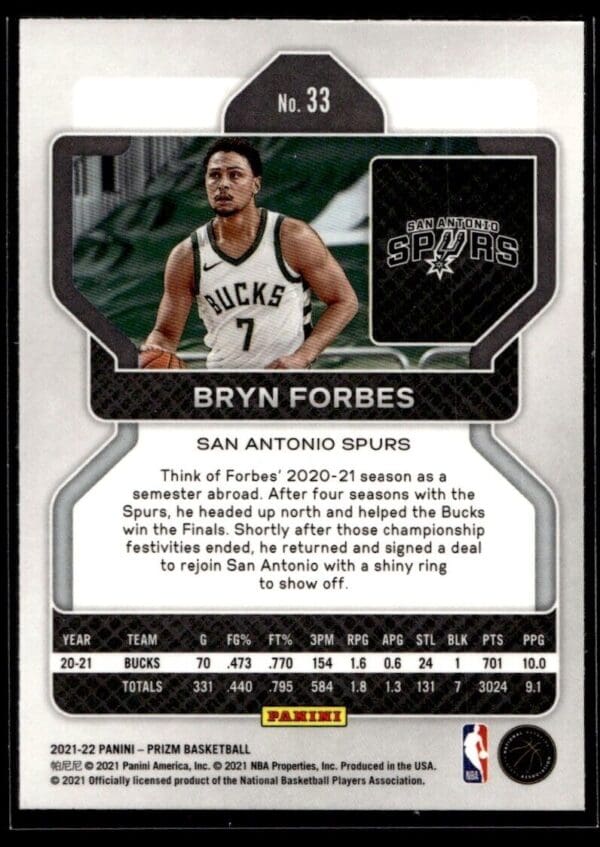 2021 Panini Prizm San Antonio Spurs #33 Bryn Forbes