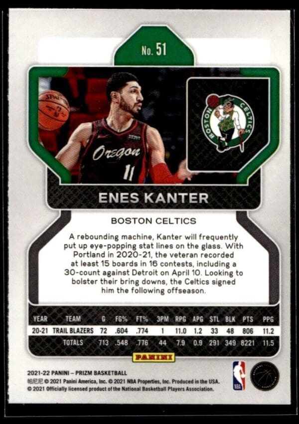 2021 Panini Prizm Boston Celtics #51 Enes Kanter