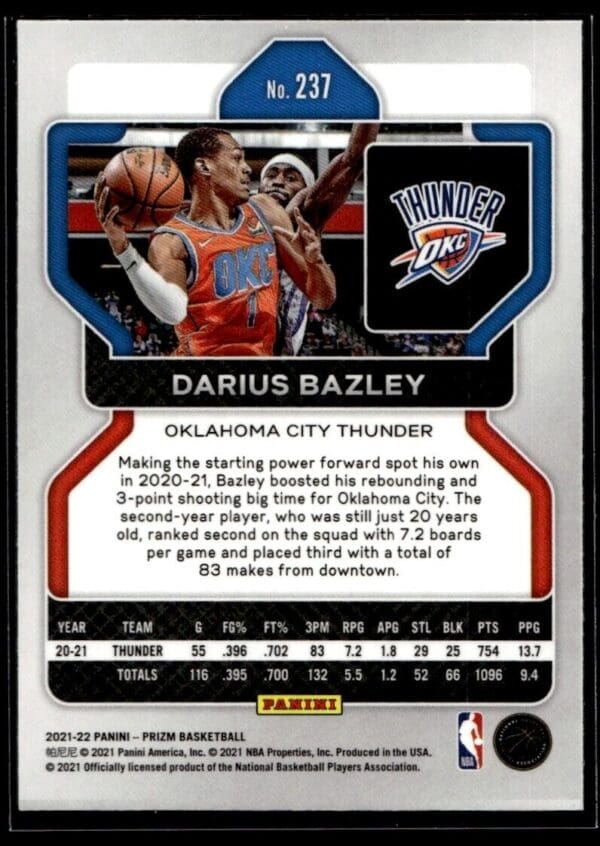 2021 Panini Prizm Oklahoma City Thunder #237 Darius Bazley
