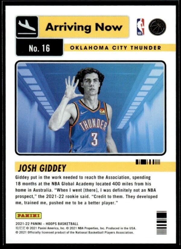 2021 NBA Hoops Arriving Now Oklahoma City Thunder #16 Josh Giddey RC Rookie