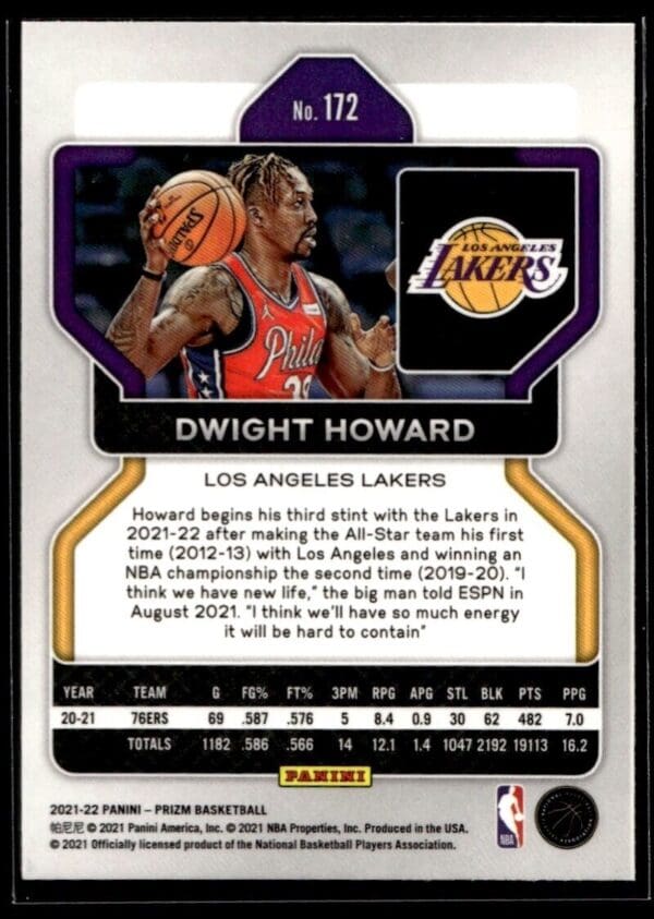 2021 Panini Prizm Los Angeles Lakers #172 Dwight Howard