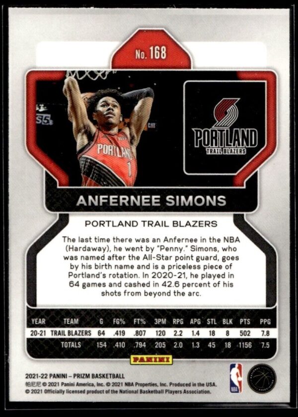 2021 Panini Prizm Portland Trail Blazers #168 Anfernee Simons