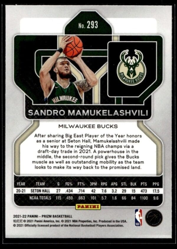 _10 2021 Panini Prizm Milwaukee Bucks #293 Sandro Mamukelashvili RC Rookie