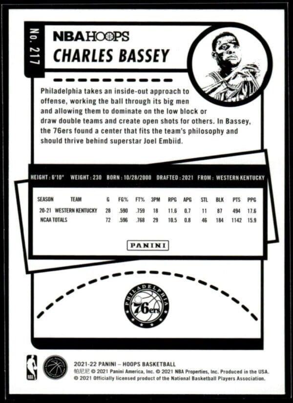 2021 NBA Hoops Philadelphia 76ers #217 Charles Bassey RC Rookie