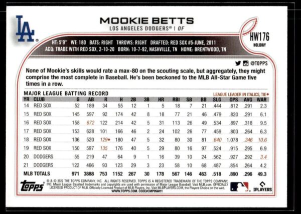 2022 Topps Holiday Los Angeles Dodgers #HW176 Mookie Betts