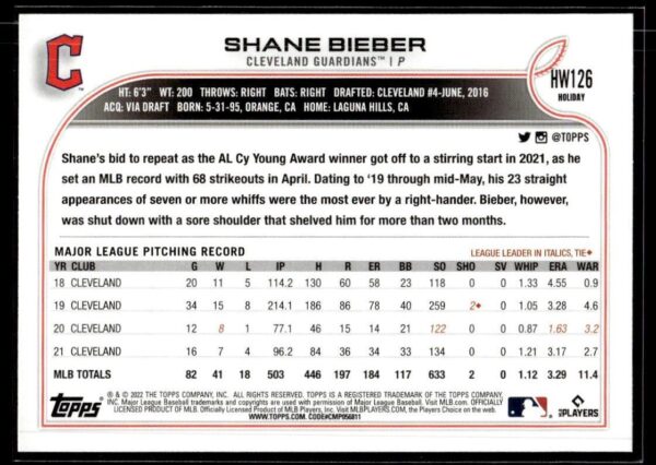 2022 Topps Holiday Cleveland Guardians #HW126 Shane Bieber